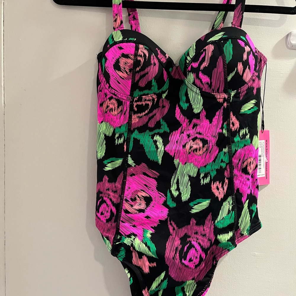 Betsey Johnson Pink and Green One Piece Swimsuit Floral Design